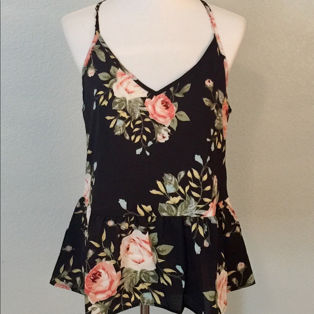 SALE Black Floral Peplum Racer Back Cami Blouse
